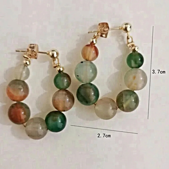 Faux Jade Beaded Hoop Post Earrings 2PCS NEW - Picture 3 of 3